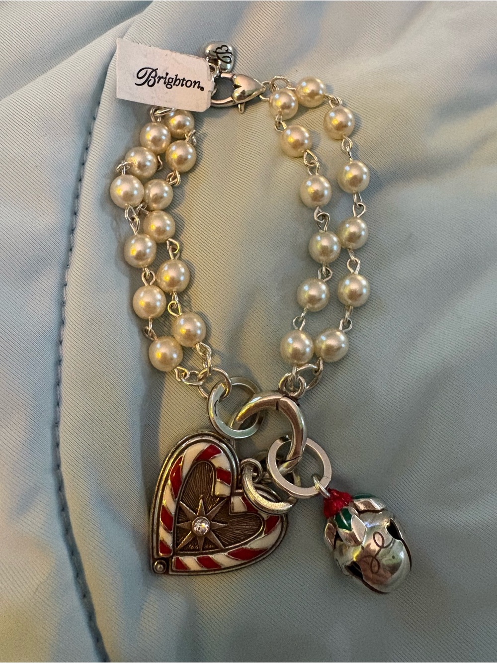 Brighton Pearl Double-Strand Bracelet with Christmas Candy Cane Heart and bell